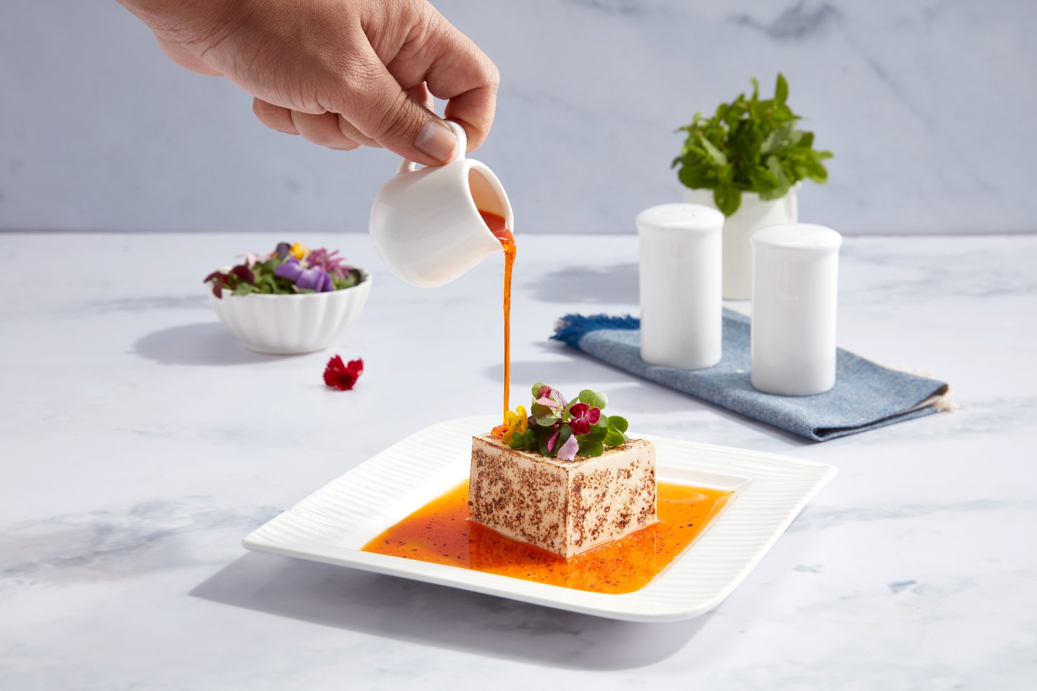 Seared Silken Tofu with Chilli Oil & Saffron Liqueur